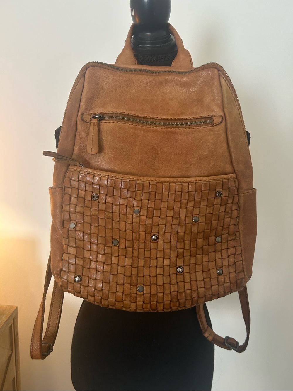 ZOA Genuine Leather Woven Backpack Cognac Brown Studded Boho Bag - Picture 4 of 16